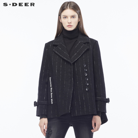 sdeer圣迪奥女装黑白线迹字母刺绣层次下摆平驳领外套S18482287商品大图