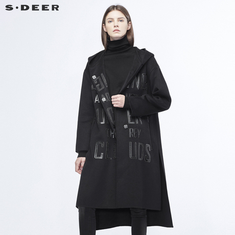 sdeer圣迪奥女装酷感休闲撞色字母个性印胶纯黑连帽大衣S18481877商品大图