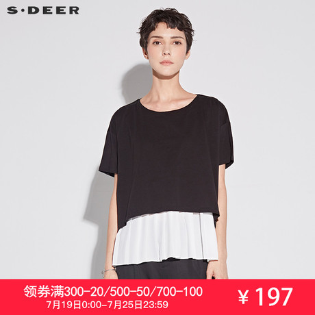 sdeer圣迪奥2018夏装宽松黑白百褶拼接圆领T恤S17280196商品大图