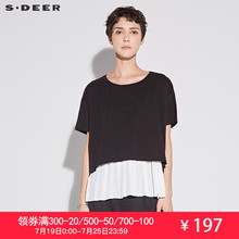 sdeer圣迪奥2018夏装宽松黑白百褶拼接圆领T恤S17280196图片