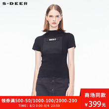 sdeer圣迪奥2018秋装新款气质立领黑白贴布短袖针织衫女S18383553图片