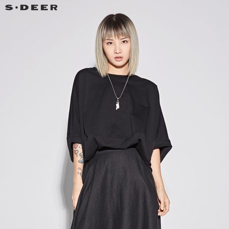 sdeer圣迪奥2018新款女装套头圆领蝙蝠拉链宽松短袖T恤S18280134商品大图