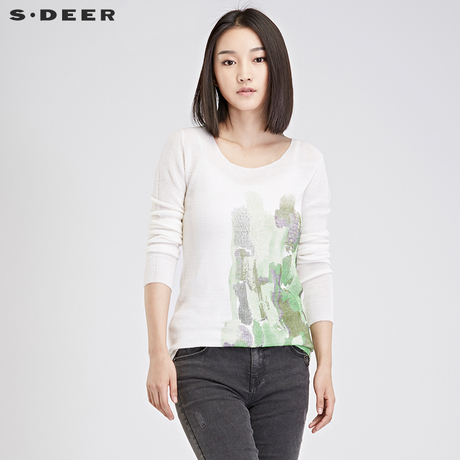sdeer圣迪奥女2018春装鲜艳后印象主义印花针织衫毛衣S16483547商品大图