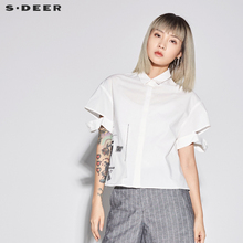 sdeer圣迪奥女装趣味休闲翻领绣线装饰短袖衬衫S18280425图片