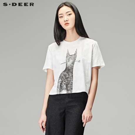 sdeer圣迪奥2018秋装俏皮动物印花套头圆领短袖T恤女装S18180214商品大图