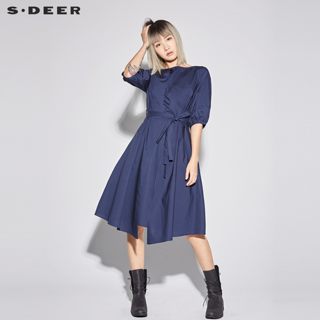 sdeer圣迪奥2018新款女装套头搭片系腰大摆A字连衣裙S18281257商品大图