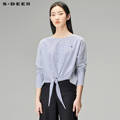 sdeer圣迪奥2018秋装女装宽松条纹套头圆领短款长袖T恤S18180202商品大图