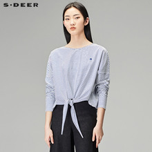 sdeer圣迪奥2018秋装女装宽松条纹套头圆领短款长袖T恤S18180202图片