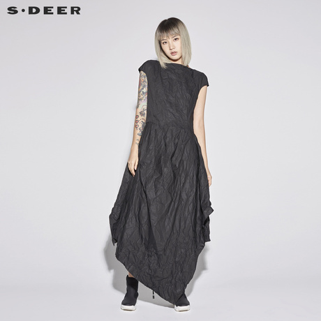 sdeer圣迪奥2018新款女装夏装圆领做皱不规则大摆连衣裙S18281249商品大图