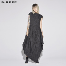 sdeer圣迪奥2018新款女装夏装圆领做皱不规则大摆连衣裙S18281249图片