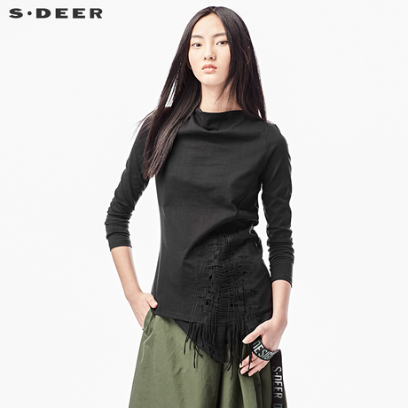 sdeer圣迪奥2018春装潮古典文艺流苏套头雪纺拼接T恤女S17380295商品大图