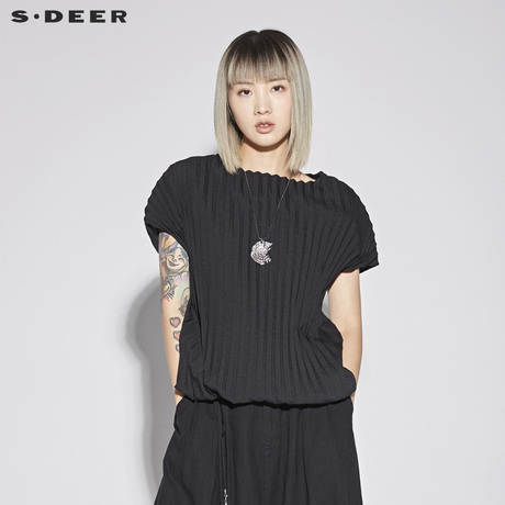 sdeer圣迪奥女装衬衫酷黑肌理感一字肩褶皱女士上衣S18280417商品大图