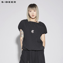 sdeer圣迪奥女装衬衫酷黑肌理感一字肩褶皱女士上衣S18280417图片