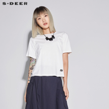 sdeer圣迪奥女装简约纯色圆领套头飘带装饰短袖T恤S18280131图片