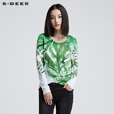 sdeer圣迪奥女17冬装鲜艳印象主义植物印花打底长袖T恤S16480257商品大图