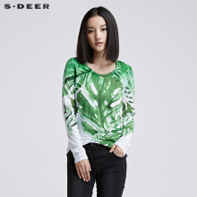 sdeer圣迪奥女17冬装鲜艳印象主义植物印花打底长袖T恤S16480257图片