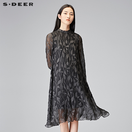 sdeer圣迪奥女装复古质感不规则肌理飘逸灵动长款连衣裙S17461231商品大图
