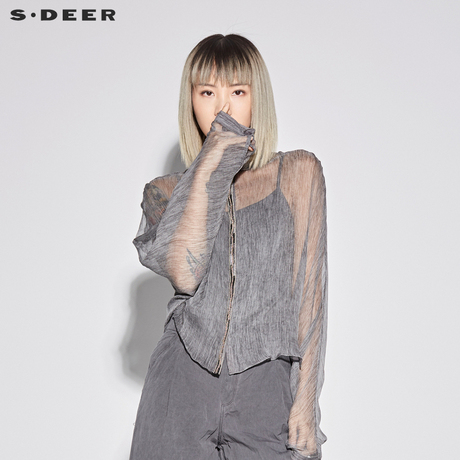 sdeer圣迪奥女雾灰肌理感绣线门襟蝙蝠款长袖衬衫S18280531商品大图