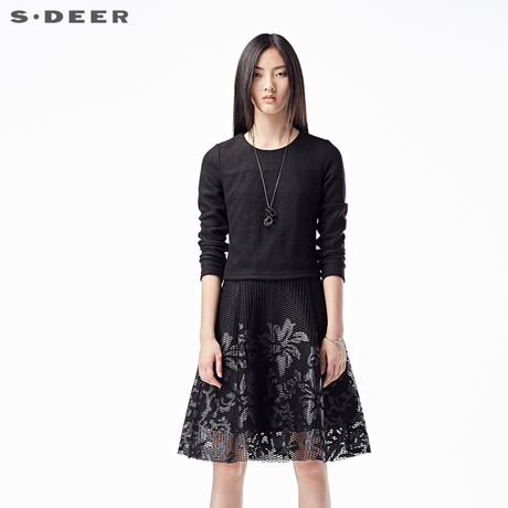 sdeer圣迪奥女装网格拼接简约层次假两件连衣裙S15481210商品大图