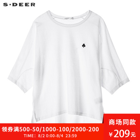 sdeer圣迪奥2018女装春装套头圆领刺绣开衩全棉短袖T恤S18180215商品大图