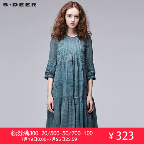sdeer圣迪奥2018夏装复古花边中袖亚麻桑蚕丝拼接连衣裙S17281224商品大图