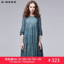 sdeer圣迪奥2018夏装复古花边中袖亚麻桑蚕丝拼接连衣裙S17281224图片