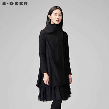 sdeer圣迪奥2017冬立体褶皱立领斜襟网纱拼接毛呢大衣女S15481823商品大图