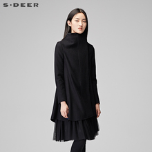 sdeer圣迪奥2017冬立体褶皱立领斜襟网纱拼接毛呢大衣女S15481823图片
