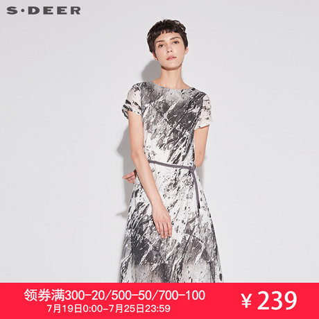 sdeer圣迪奥2018夏装抽象黑白水墨印花束腰文艺连衣裙女S17281250商品大图