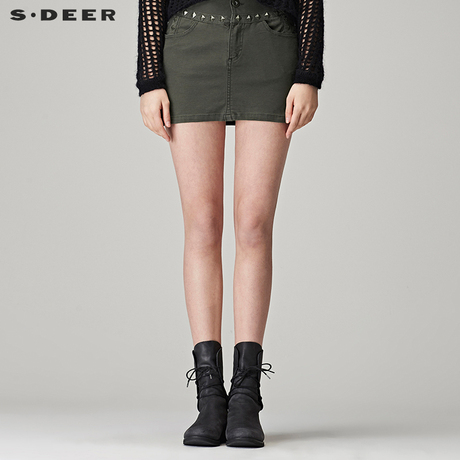 sdeer圣迪奥2018秋装帅气铆钉军绿直筒牛仔半身短裙女S17381350商品大图