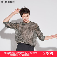 sdeer圣迪奥2018夏装新品复古印花松紧收摆落肩中袖衬衫S18260428图片