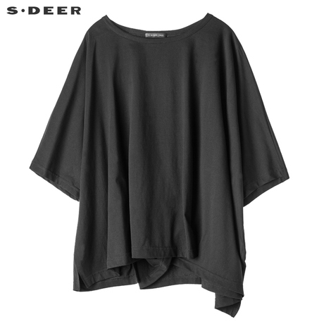 sdeer圣迪奥2018秋装套头圆领不规则底摆纯色短袖T恤女S18180206商品大图