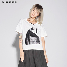 sdeer圣迪奥女装素白休闲圆领撞色印胶短袖T恤S18280157图片