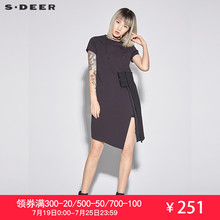 sdeer圣迪奥2018夏装休闲黑圆领肌理拼接开衩连衣裙S17281259图片