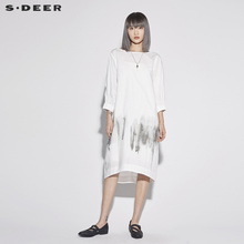 sdeer圣迪奥素雅圆领飘带水墨抽象印花连衣裙S18281284图片
