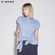 sdeer圣迪奥新款女装夏装翻领蓝白条纹搭片短袖衬衫S18280431图片
