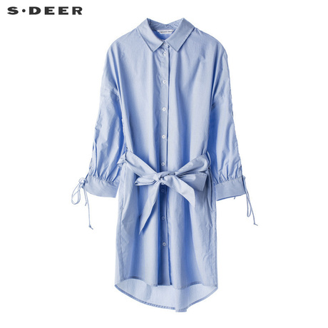 sdeer圣迪奥清新蓝白条纹抽绳绑带束腰衬衫连衣裙S18281209商品大图