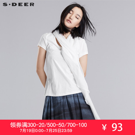 sdeer圣迪奥夏装灵动雪纺垂褶拼接简约纯色短袖打底T恤S16280105商品大图