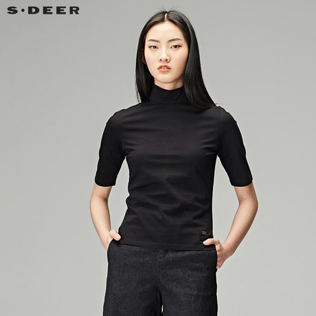 sdeer圣迪奥2018秋装中性套头半高圆领修身中袖T恤女装S18180220商品大图