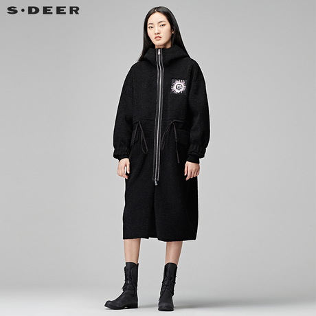 sdeer圣迪奥2018冬装拼接字母贴布系腰连帽直筒毛呢大衣S17481876商品大图