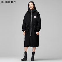 sdeer圣迪奥2018冬装拼接字母贴布系腰连帽直筒毛呢大衣S17481876图片