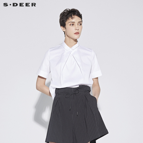 sdeer 圣迪奥 女装纯色休闲方领拉链褶裥短袖衬衫S18280401商品大图