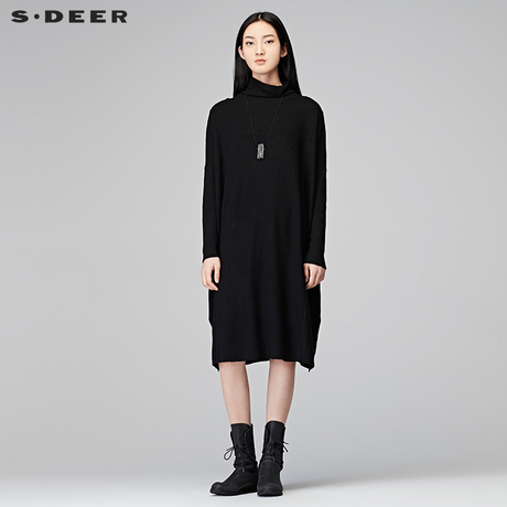 sdeer 圣迪奥 简约纯色花样针织拼接长款高领针织衫Y17483501商品大图