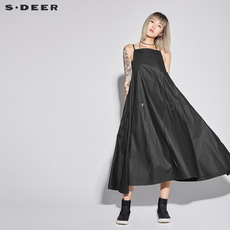 sdeer 圣迪奥女装2018黑休闲抽绳宽松吊带连衣裙S18281279商品大图