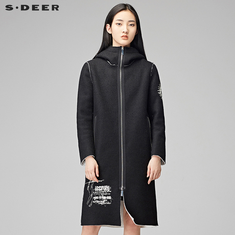 sdeer圣迪奥2017冬装新款撞色印花连帽毛呢长款风衣外套S17481874商品大图