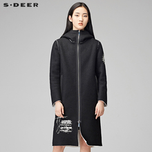 sdeer圣迪奥2017冬装新款撞色印花连帽毛呢长款风衣外套S17481874图片