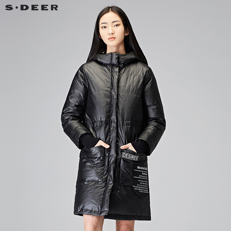 sdeer圣迪奥2017冬装新款光泽质感防风连帽茧型羽绒服女S17482423商品大图