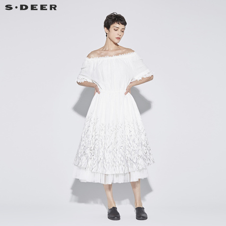 sdeer圣迪奥蕾丝边松紧高腰撞色印花网纱一字肩连衣裙S18281207商品大图