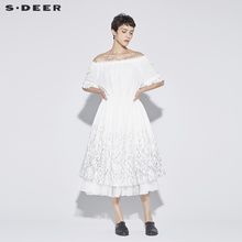 sdeer圣迪奥蕾丝边松紧高腰撞色印花网纱一字肩连衣裙S18281207图片