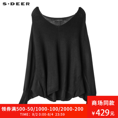 sdeer圣迪奥2018秋装新款深V领蝙蝠袖独特设计针织衫女S18383584商品大图